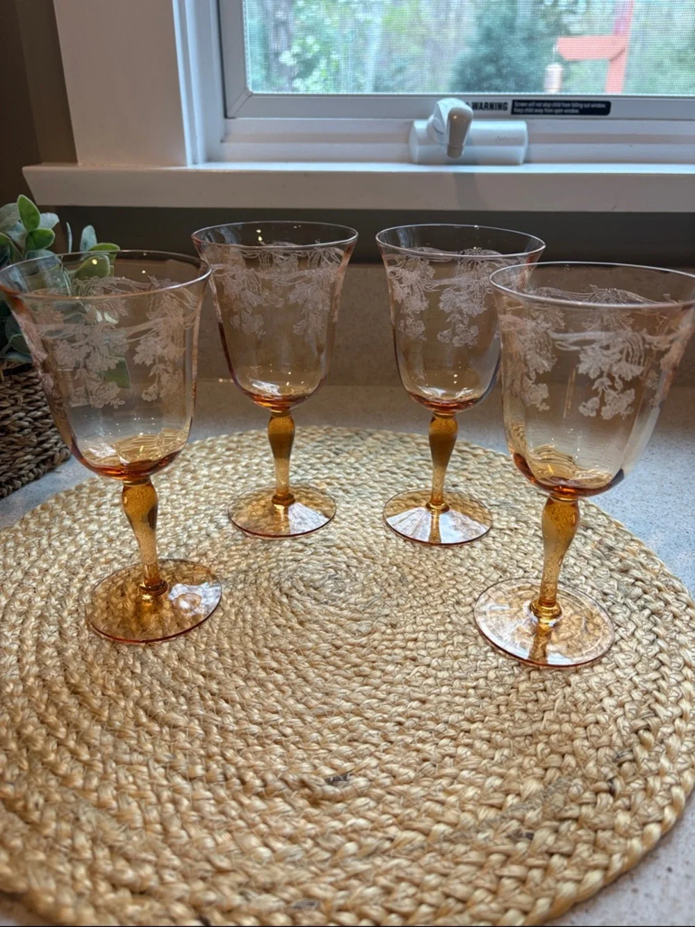 (4) Vintage Amber Etched Wine Glasses - Depression Era